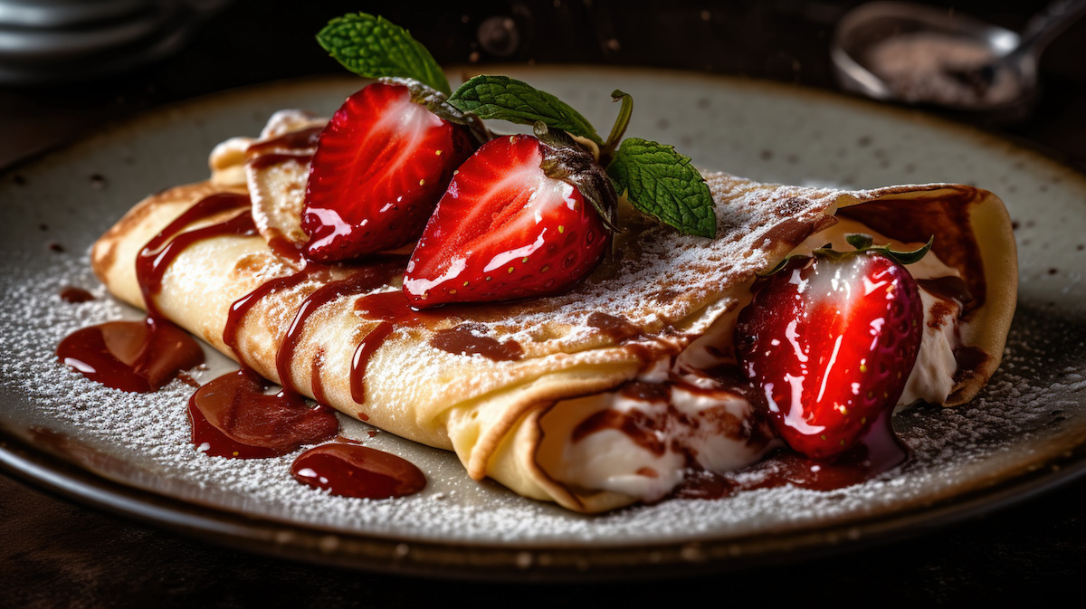 Eispalatschinken mit Erdbeeren und Schokoladensauce