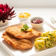 Klassisches Wiener Schnitzel vom Kalb mit Preiselbeeren und Zitronenscheibe